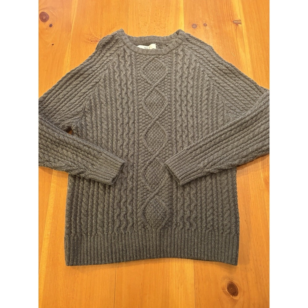 WILT Women's Large Gray Cable Knit Fisherman Crewneck Sweater Cotton Wool Blend